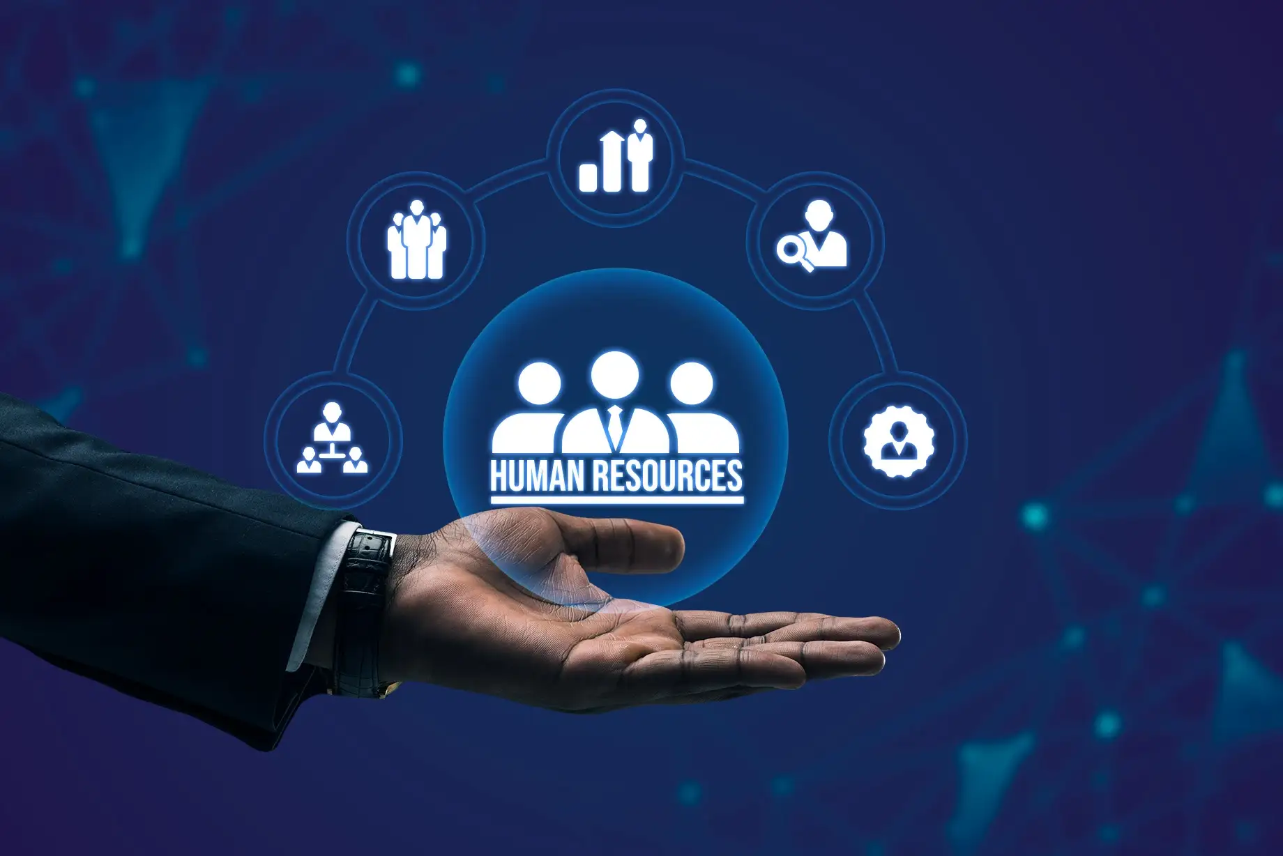 Human resources icons above a hand on a dark blue background. Symbols depict teamwork, management, and analysis. Mood is business-focused.