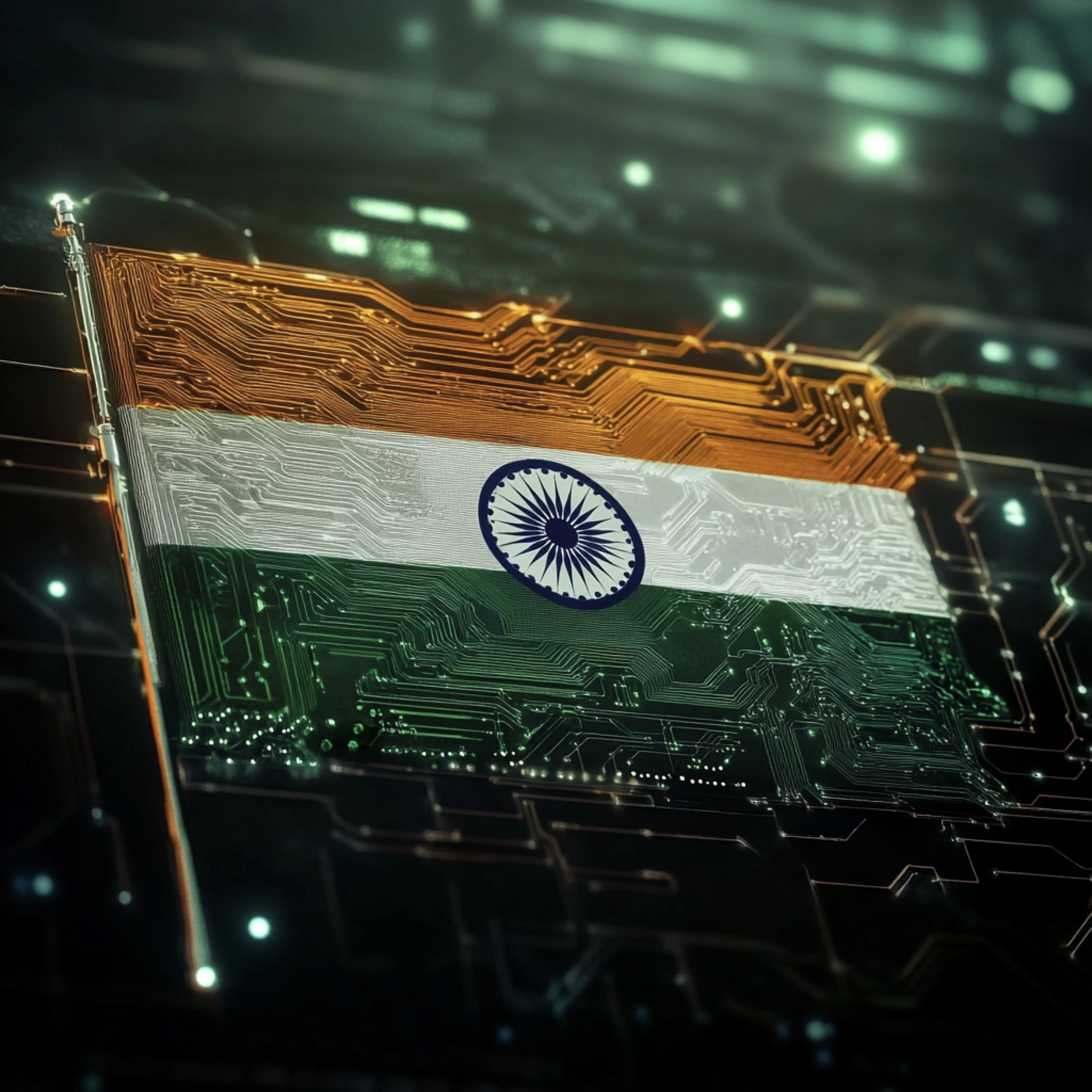 Indian flag with circuitry pattern on a tech background, glowing, suggesting innovation and technology. Bright colors of saffron, white, green.