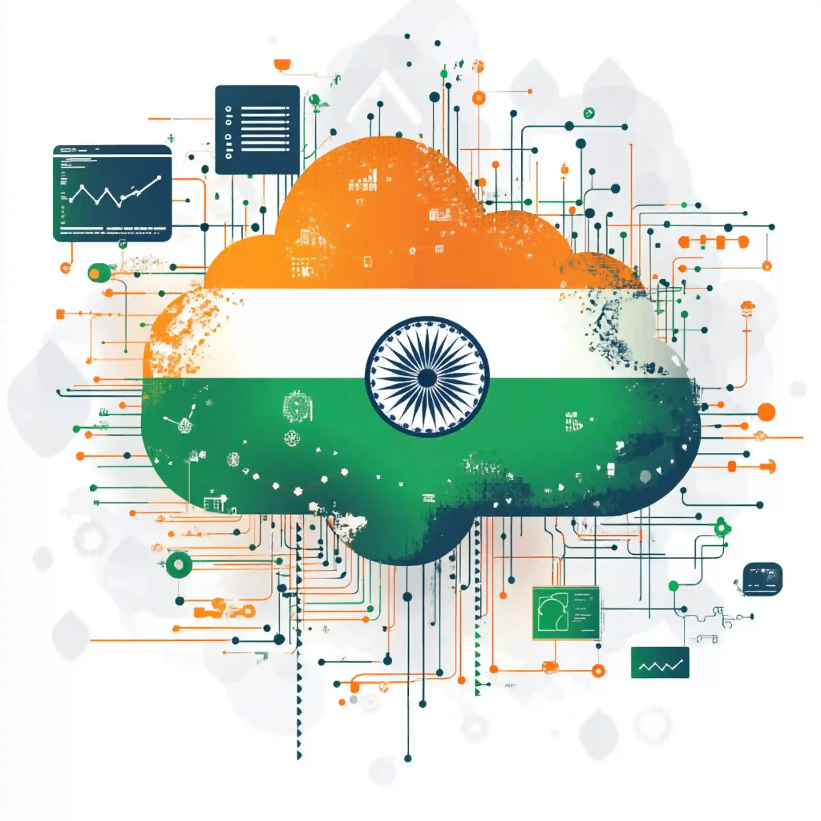 Cloud icon with Indian flag colors, surrounded by digital network symbols and circuit patterns, symbolizing technology and innovation.