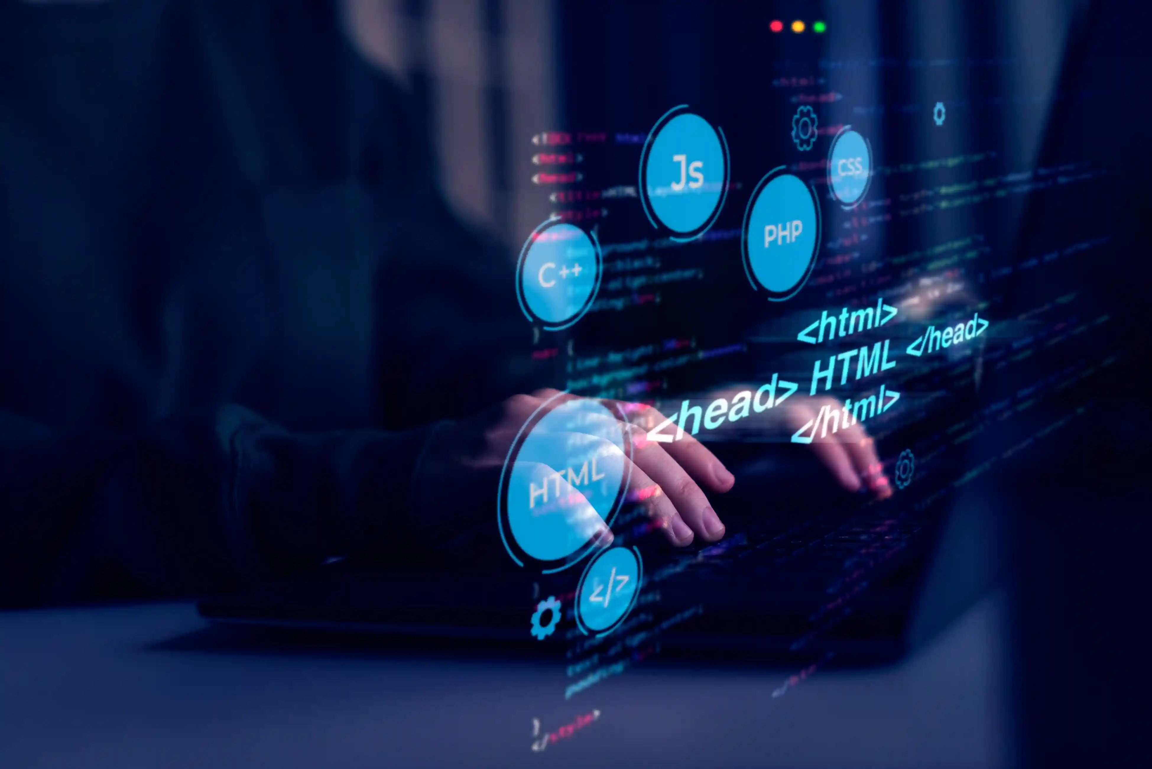 Hands typing on a keyboard with floating code symbols and languages like HTML, CSS, and C++. The background is dark, creating a tech vibe.