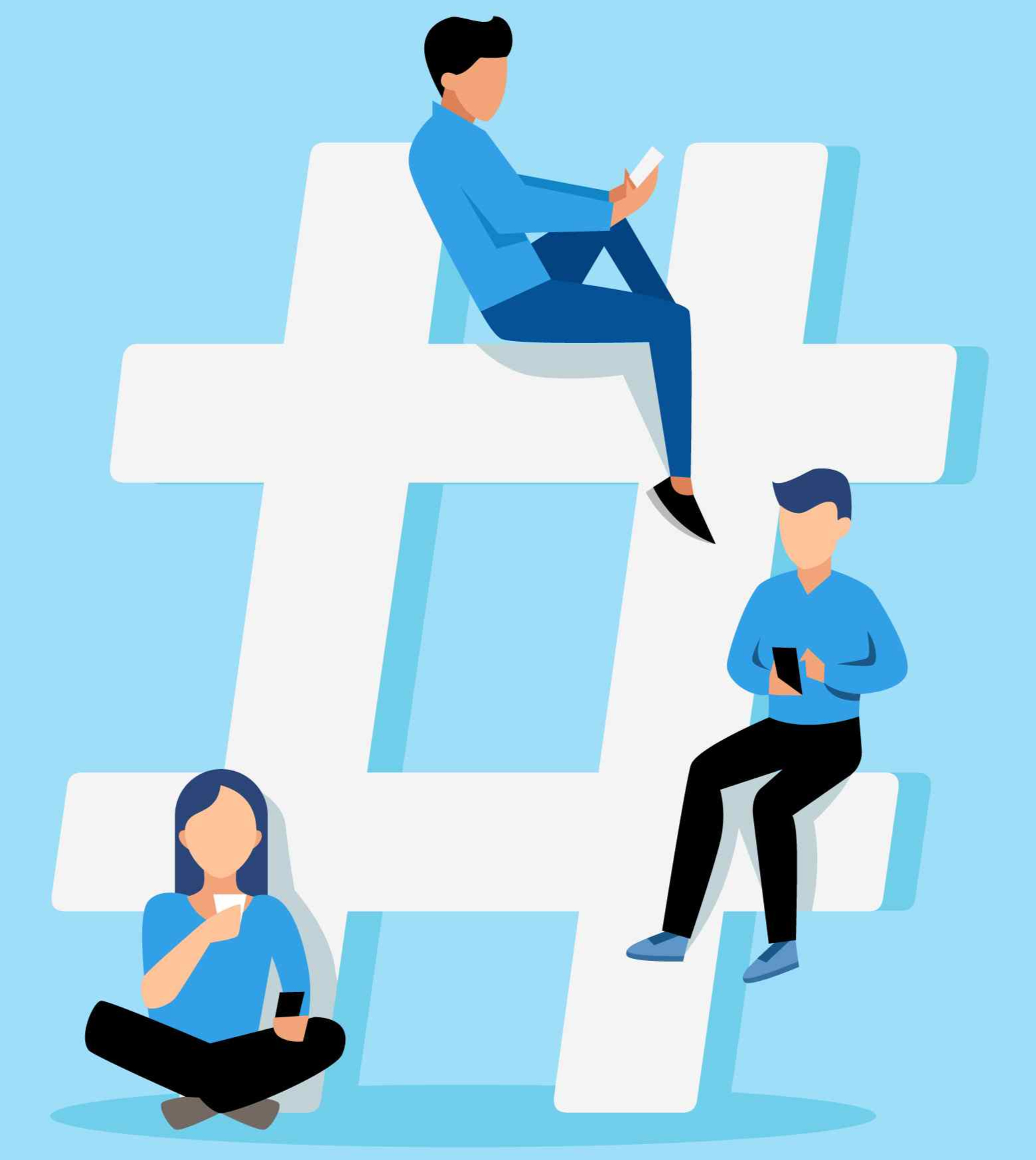 Three people use smartphones around a large white hashtag on a light blue background, wearing blue and black clothing, creating a social vibe.